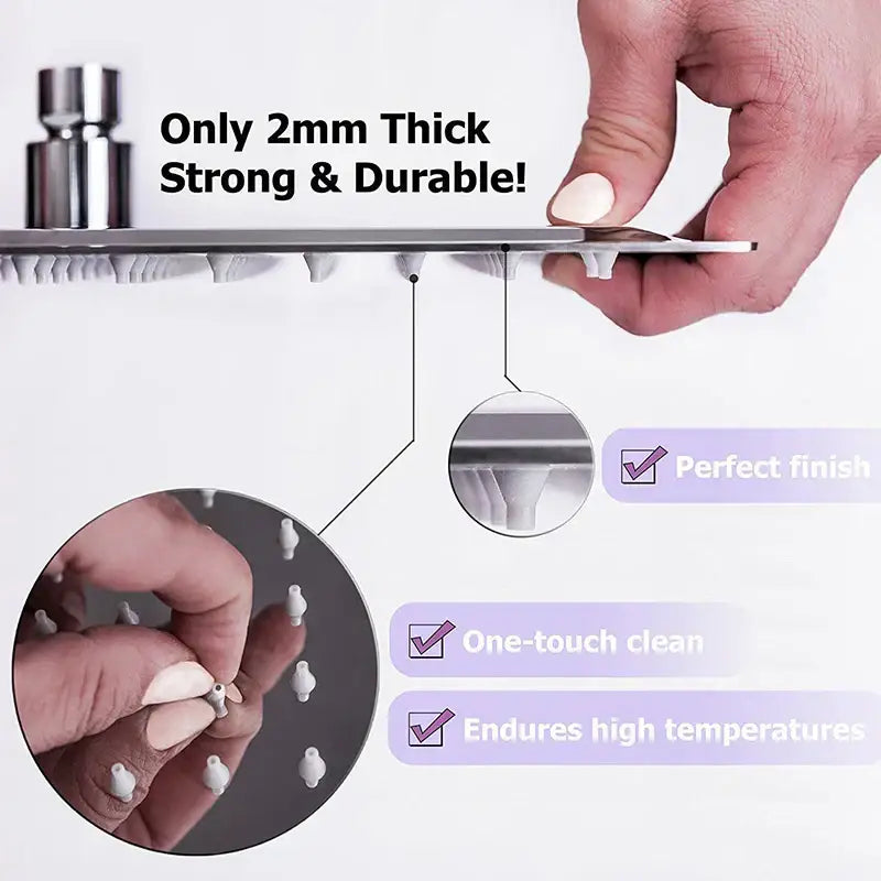 Modern square rain shower head with 2mm-thick chrome stainless steel and white plastic nozzles for rain shower use