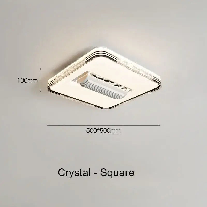 Modern square white and chrome ceiling fan light with sleek crystal finish and integrated led panel for bedroom use
