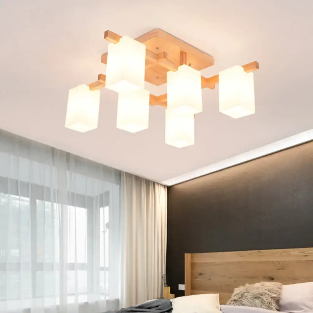 Modern rectangular ceiling light with warm wood frame and white glass shade for living room by decorbites