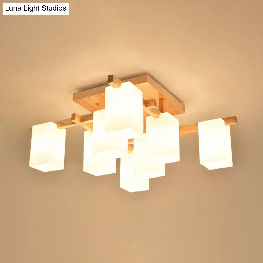 DecorBites™ modern wood living room semi flush mount chandelier with warm wood frame and white glass shade square design
