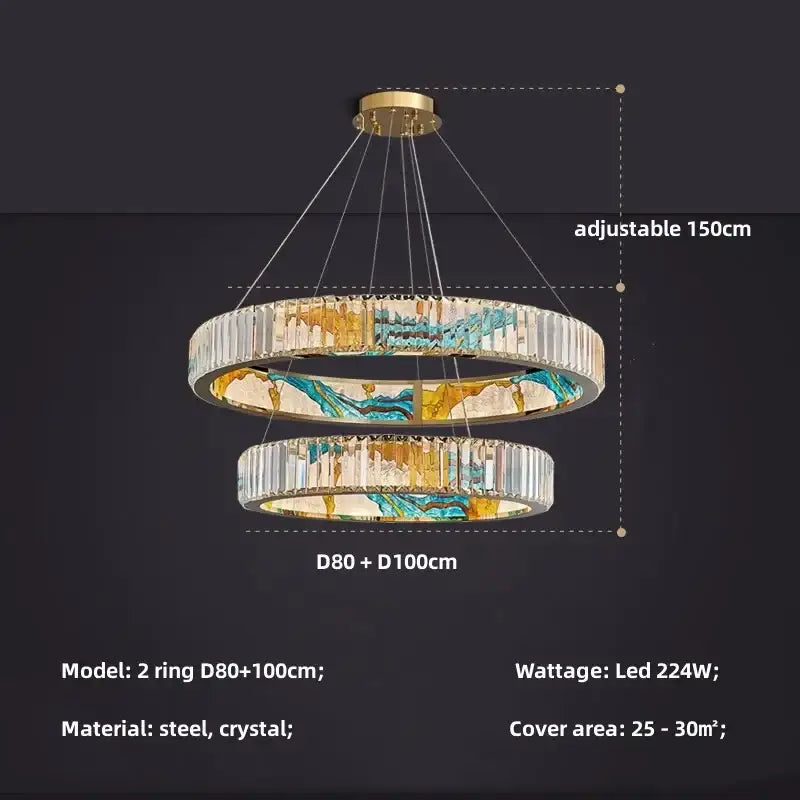 Modern stained glass circle steel led pendant chandelier with gold-toned frame blue amber mosaic decorbites circle steel