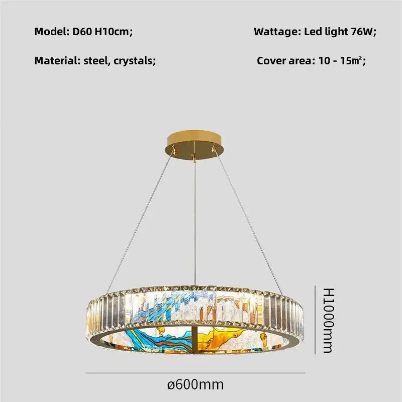 Modern stained glass circle steel led pendant chandelier with gold steel frame and colorful crystal prisms for living room decorbites circle steel