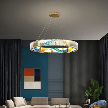Modern stained glass circle steel led pendant chandelier with gold mount and vibrant blue yellow white crystal panels for living room decorbites circle steel