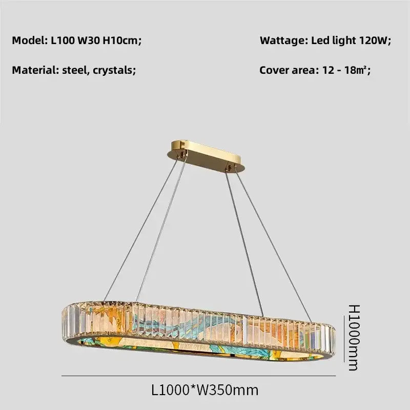 Modern stained glass circle steel led pendant chandelier with gold-tone frame and crystal accents for living room decorbites circle steel