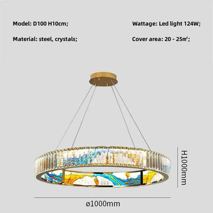 Modern stained glass circle steel led pendant chandelier with gold steel frame and colorful crystal decorbites circle steel