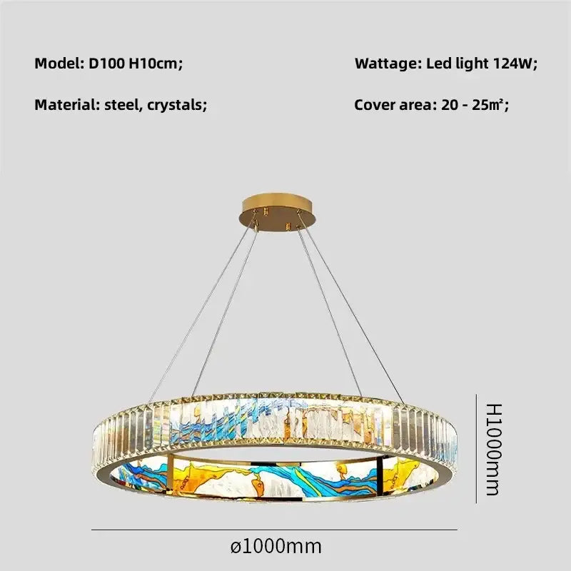 Modern stained glass circle steel led pendant chandelier with gold steel frame and colorful crystal decorbites circle steel