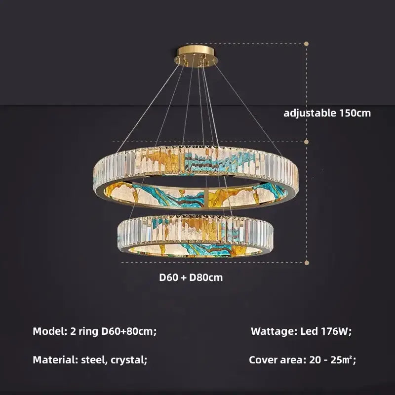 Gold-toned double-ring decorbites circle steel led pendant chandelier with crystal accents and marbled blue beige design