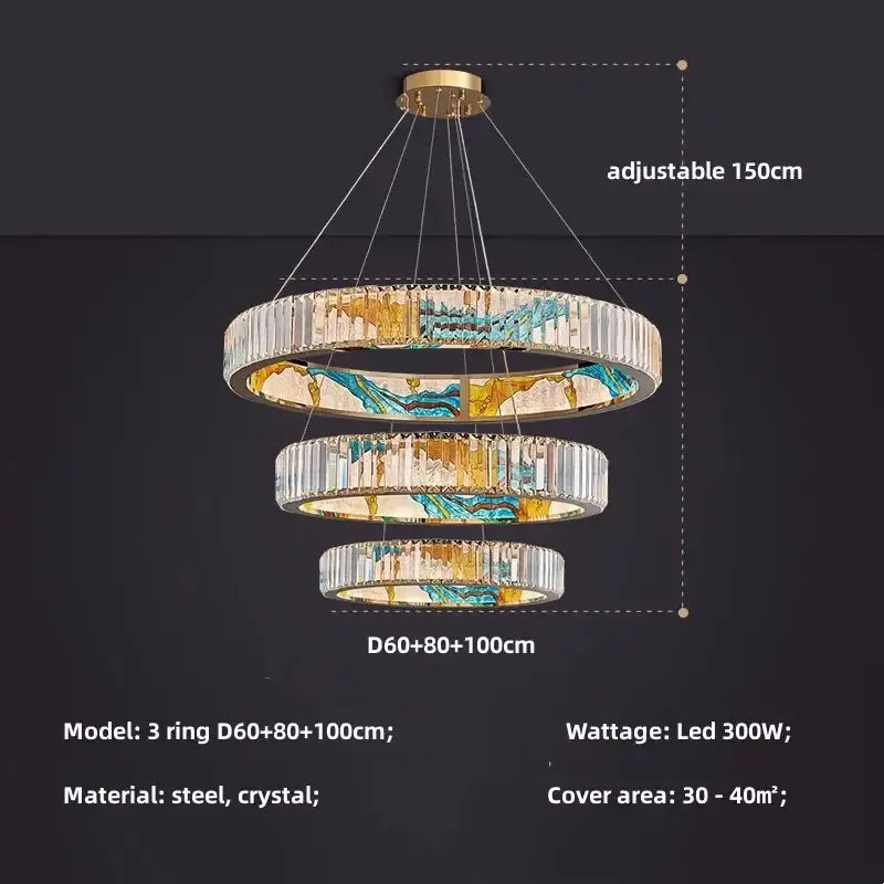 Three-tiered modern pendant chandelier with gold-toned steel frame and blue yellow white marbled crystal rings decorbites circle steel led