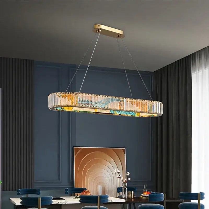 Modern pendant chandelier with gold-toned frame and faceted crystal panels for decorbites circle steel led living room use