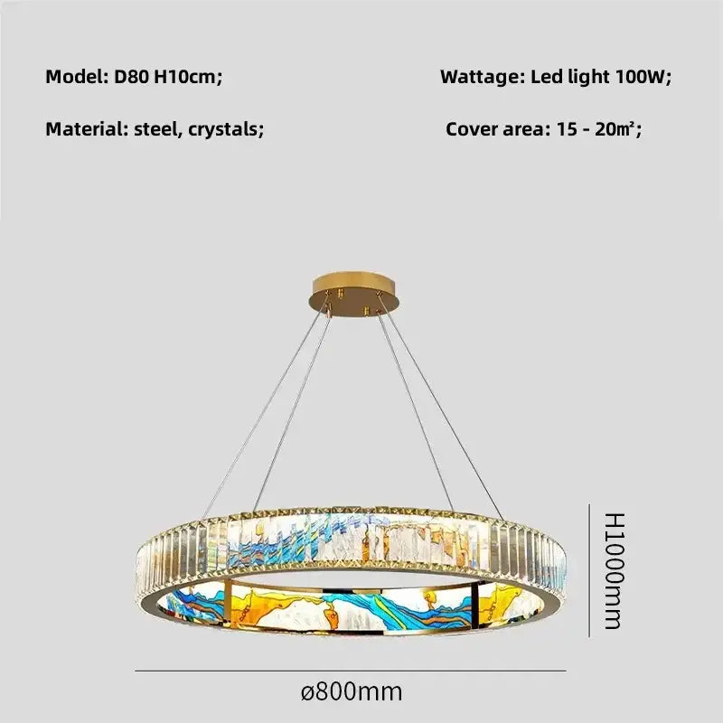 Modern pendant chandelier with gold-toned decorbites circle steel frame, stained glass panels, and crystal accents for living room