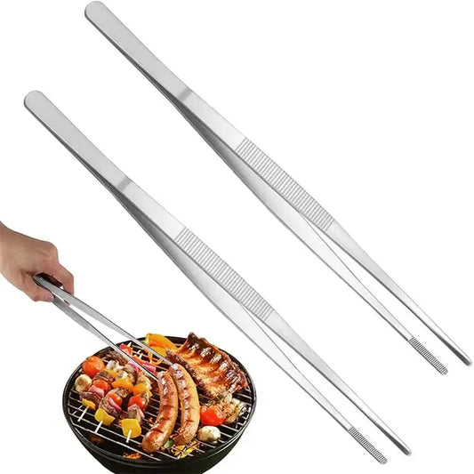 A pair of sleek stainless steel bbq tongs with textured grip ridges for enhanced churrasco cooking and grilling experience