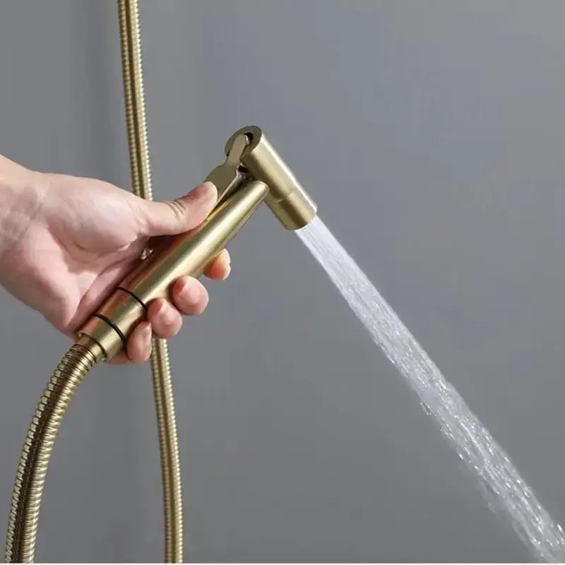 Gold-colored brass handheld bidet sprayer with flexible hose in modern stainless steel bidet washbasin mixer set decorbites