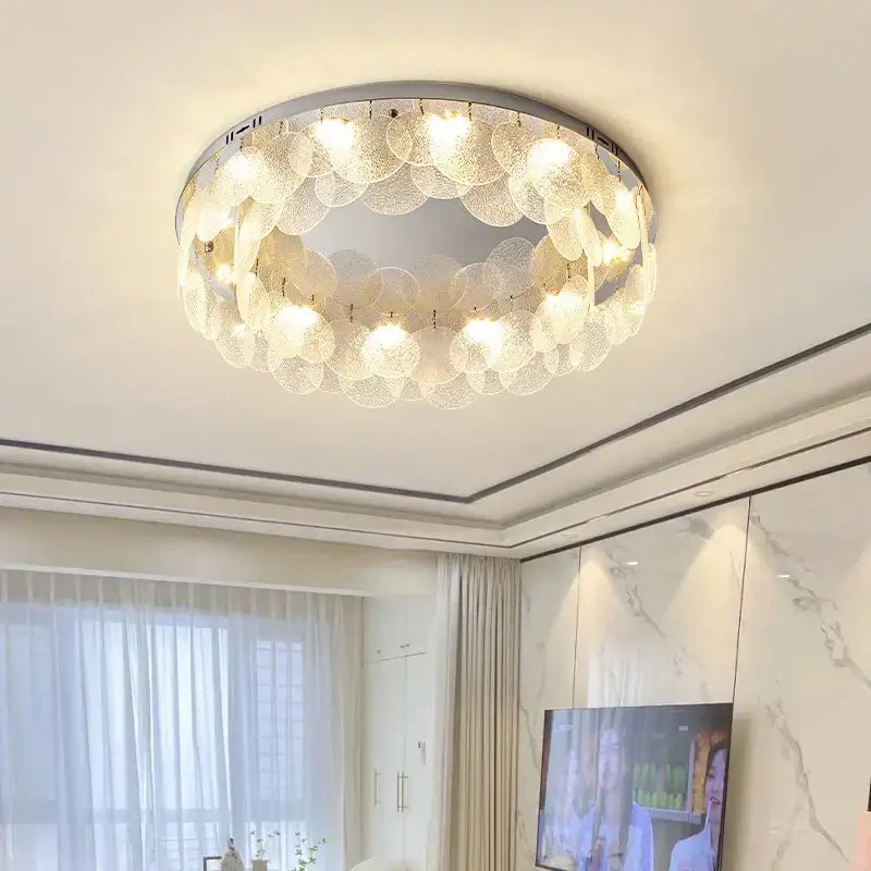 Modern stainless steel bubble glass led ceiling light fixture with metallic frame and translucent discs for bedroom decorbites ceiling light