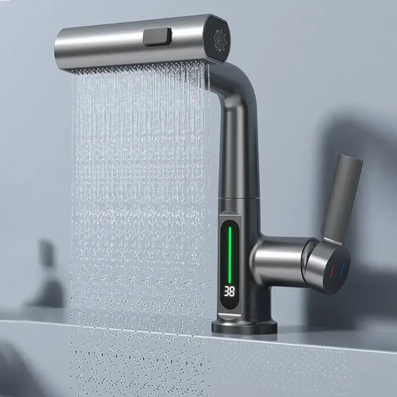 Modern stainless steel basin faucet with brushed finish and decorbites digital display for precise temp control