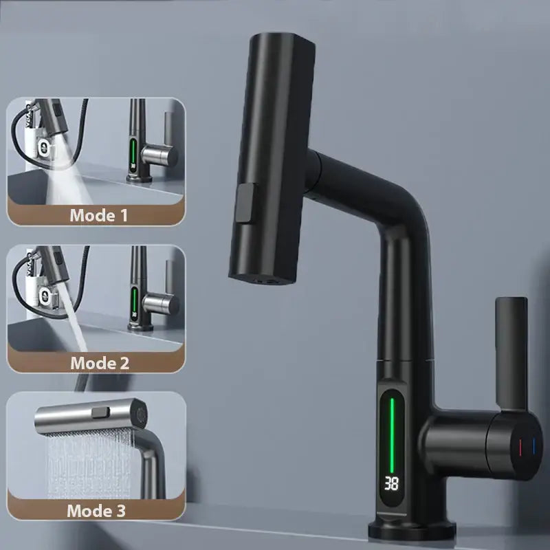 Black matte stainless steel basin faucet with digital display temperature control decorbites digital display design