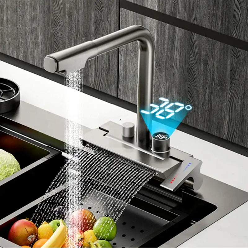 Modern stainless steel kitchen faucet with decorbites digital display pull out showing 38c temperature reading