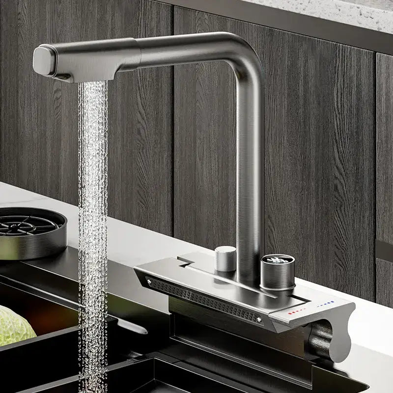Modern stainless steel digital display pull out kitchen faucet with brushed finish and sleek curved spout by decorbites digital