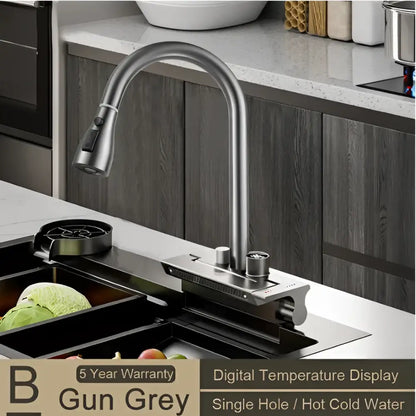 Gun grey stainless steel kitchen faucet with sleek curved spout and decorbites digital display pull out feature
