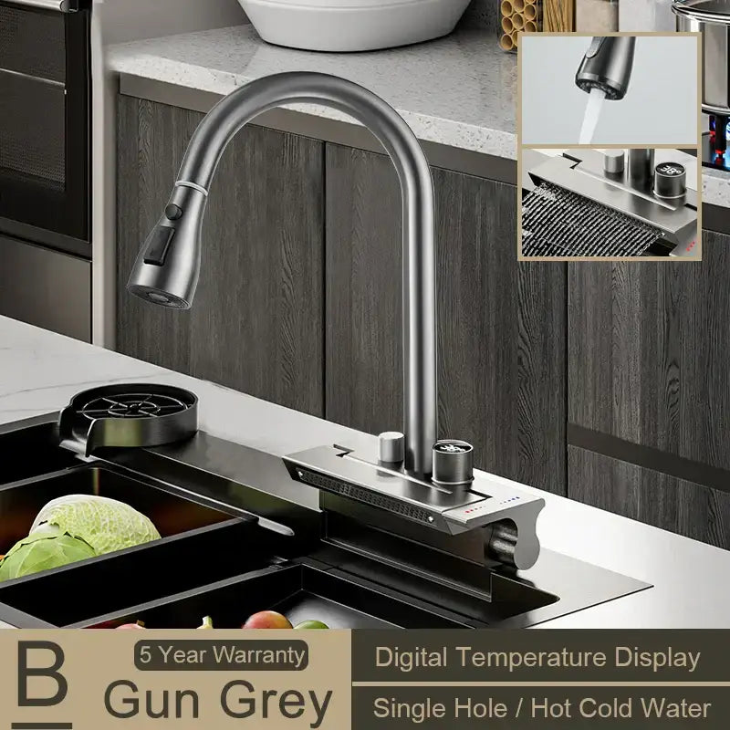 Gun grey modern stainless steel single-hole kitchen faucet with decorbites digital display pull for precise temperature control