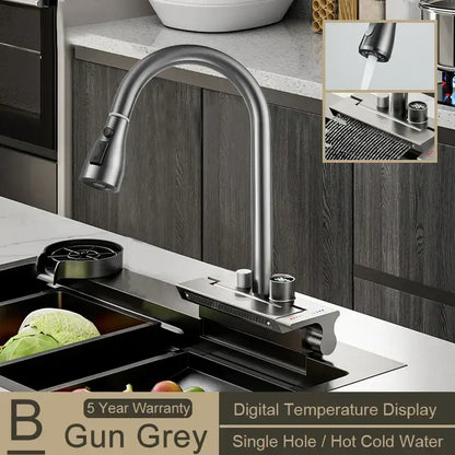 Gun grey modern stainless steel single-hole kitchen faucet with decorbites digital display pull for precise temperature control