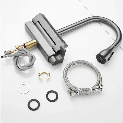 Modern stainless steel kitchen faucet with matte black digital display pull and sleek curved spout by decorbites digital