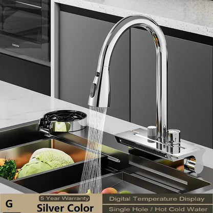 Silver stainless steel kitchen faucet with sleek chrome finish high-arc spout and decorbites digital display pull feature
