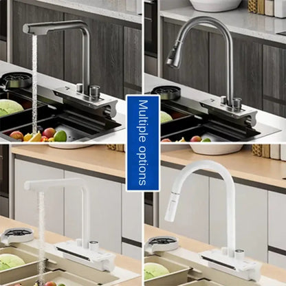 Modern stainless steel kitchen faucet with sleek curved spout and decorbites digital display pull down spray head in white or stainless finish