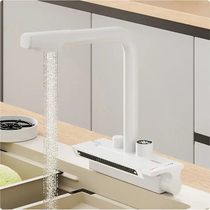 White modern stainless steel kitchen faucet with sleek curved spout dual control knobs decorbites digital display pull