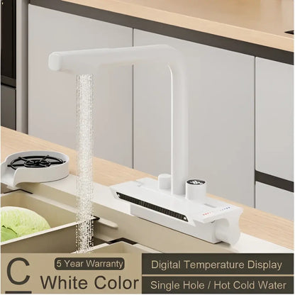 White stainless steel modern kitchen faucet with decorbites digital display and single hole installation pull out design