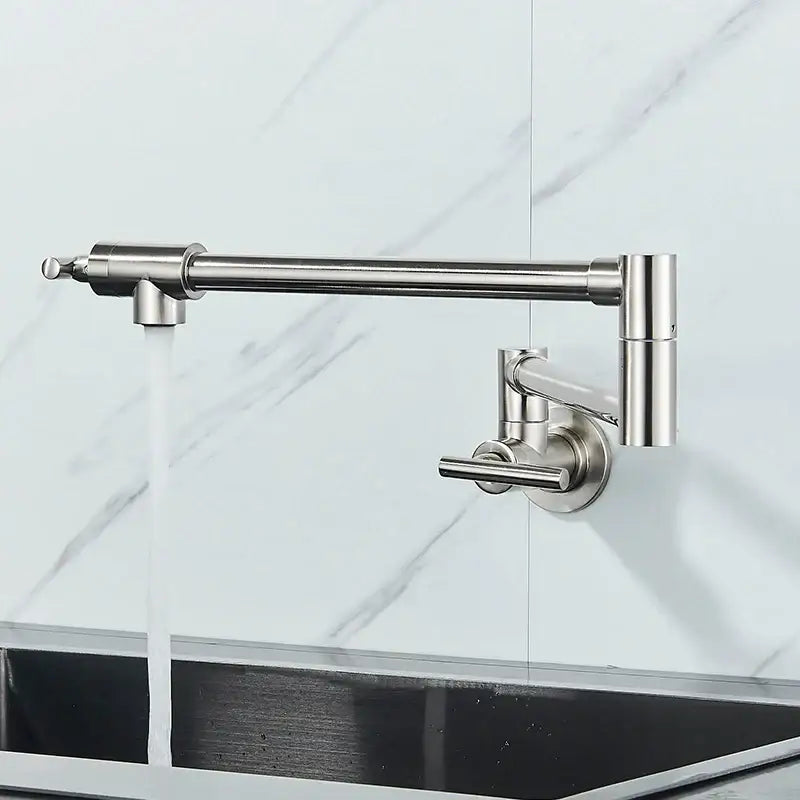 Modern stainless steel kitchen faucet with decorbites double joint spout and dual handles for water control