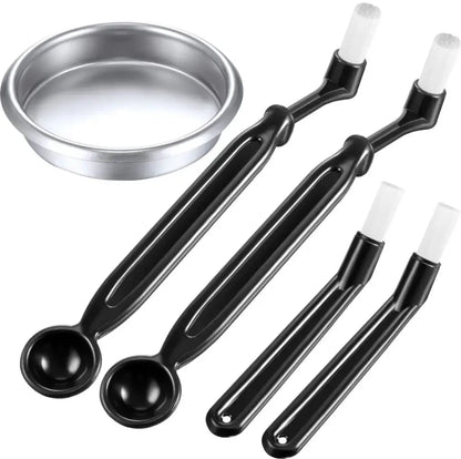 Set of four black plastic cleaning brushes with white bristles and silver metal bowl for decorbites espresso machine cleaning kit
