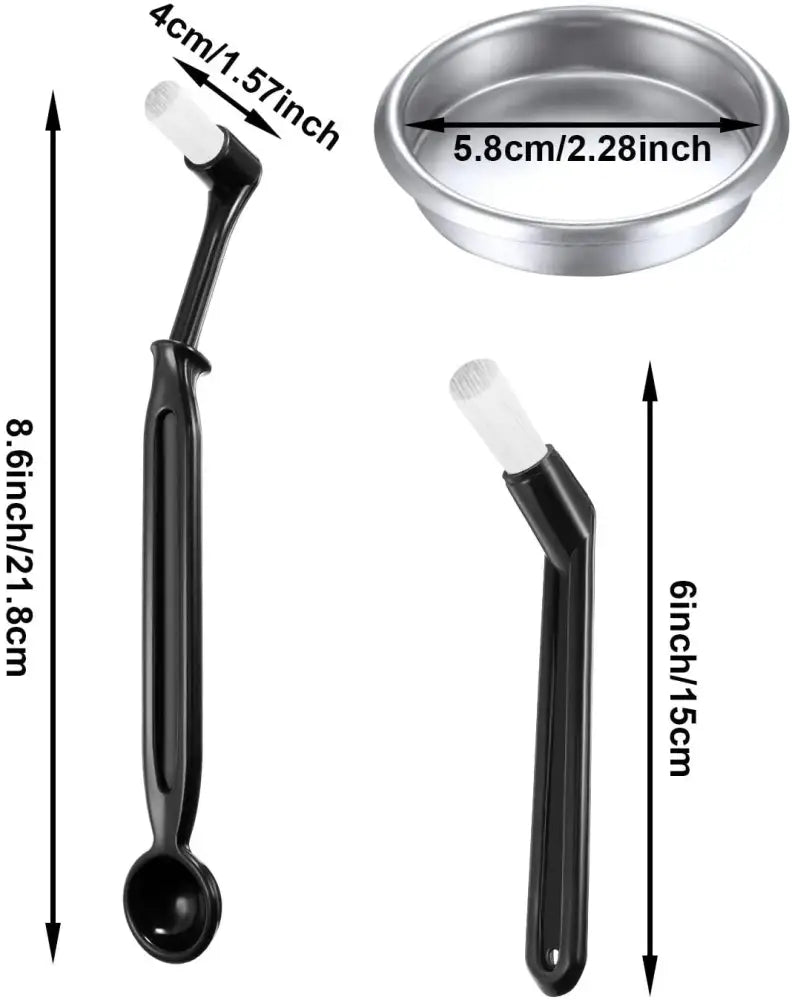 Black plastic coffee scoop and brush set with white bristle tips for espresso machine cleaning kit by decorbites