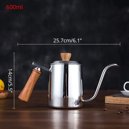 Modern stainless steel gooseneck drip coffee pot with wooden handle and 600ml capacity by decorbites gooseneck stainless steel