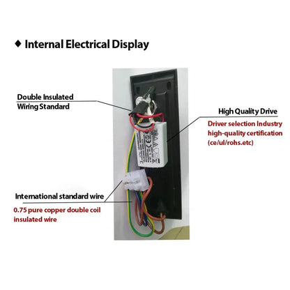 Back side of a white rectangular led driver with colored wires connected for modern stainless steel wall light decorbites led bedside