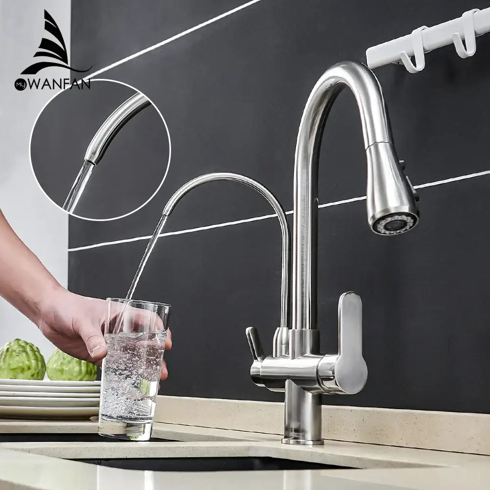 Modern stainless steel pull down kitchen faucet with sleek curved spout and extendable hose for decorbites crane kitchen