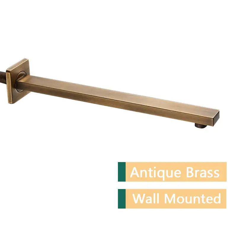 Antique brass wall-mounted shower head with rectangular design and brushed finish paired with stainless steel shower arm head holder