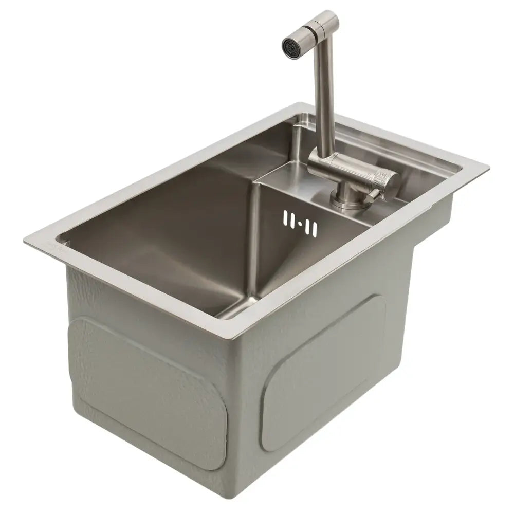 Modern stainless steel single bowl undermount kitchen sink with integrated sprayer faucet in silver finish