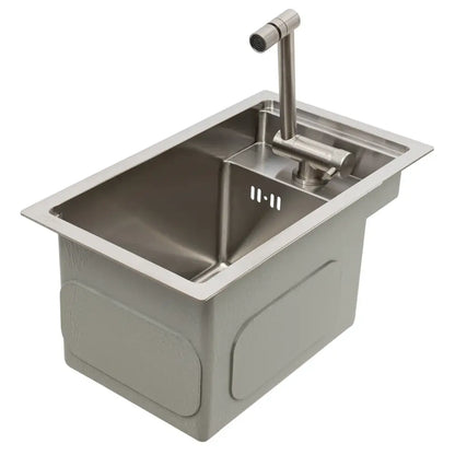 Modern stainless steel single bowl undermount kitchen sink with integrated sprayer faucet in silver finish