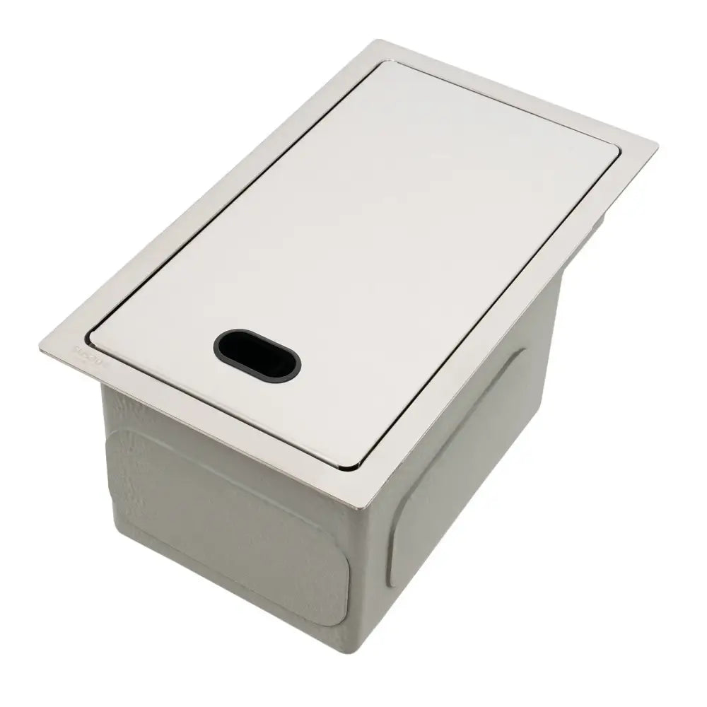 Rectangular stainless steel utility box with hinged lid and oval black handle, part of modern stainless steel single bowl kitchen sink