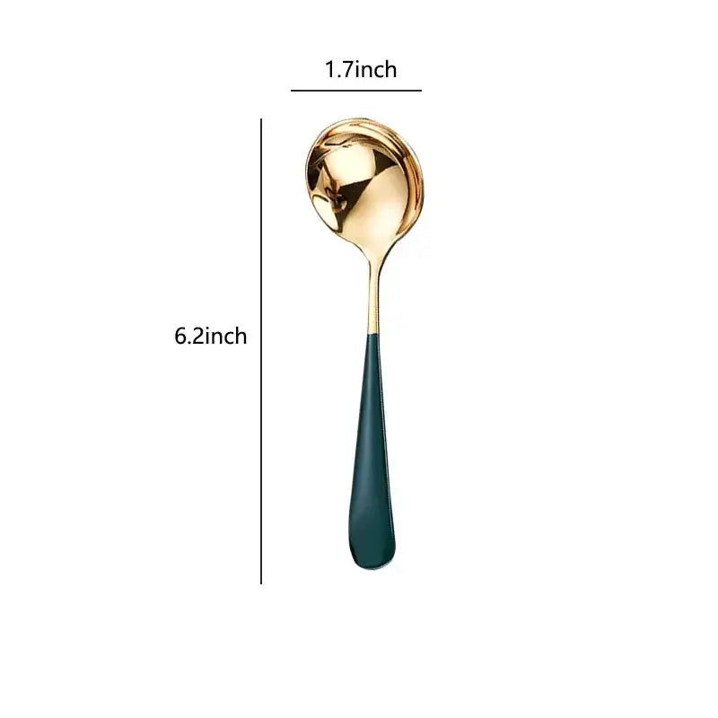 A sleek stainless steel small gravy ladle with a gold-toned bowl and matte dark teal handle for dining use