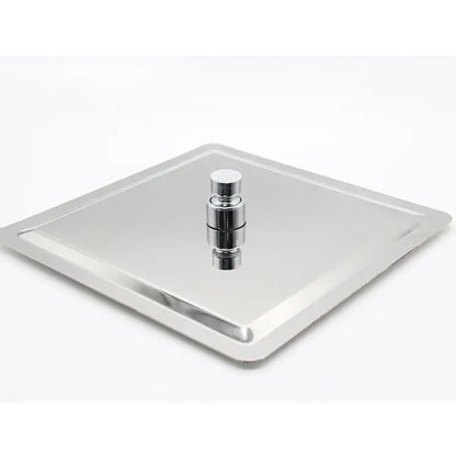 Modern stainless steel square ceiling rain shower head with shiny stainless steel lid and central cylindrical weight