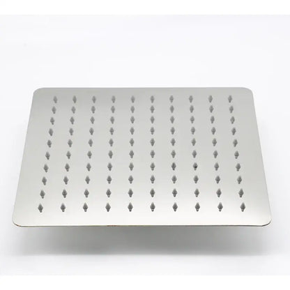 Modern stainless steel square ceiling rain shower head with brushed rectangular design and evenly spaced nozzles