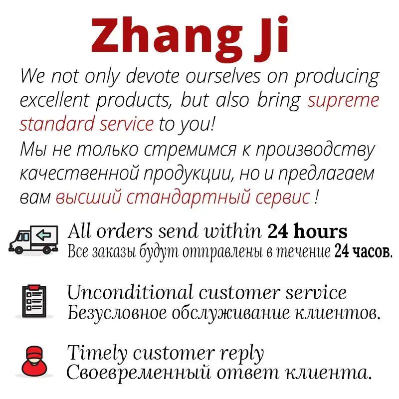 Zhang ji logo with bold red lettering and bilingual text promoting fast shipping and service on stainless steel square ceiling rain shower head