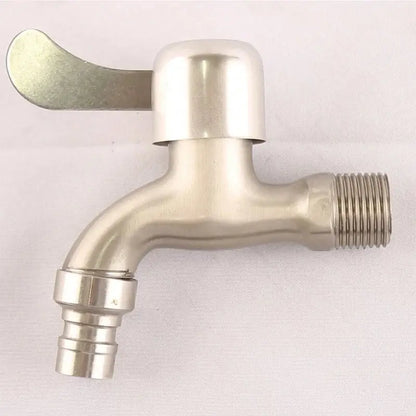 Shiny stainless steel wall mounted single hole outdoor faucet with curved spout and lever handle for washing machine