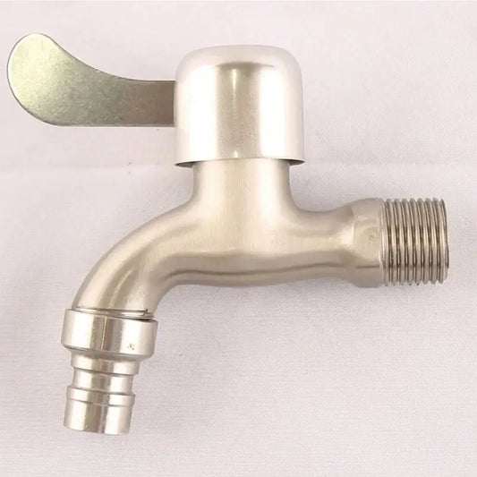 Shiny stainless steel wall mounted single hole outdoor faucet with curved spout and lever handle for washing machine