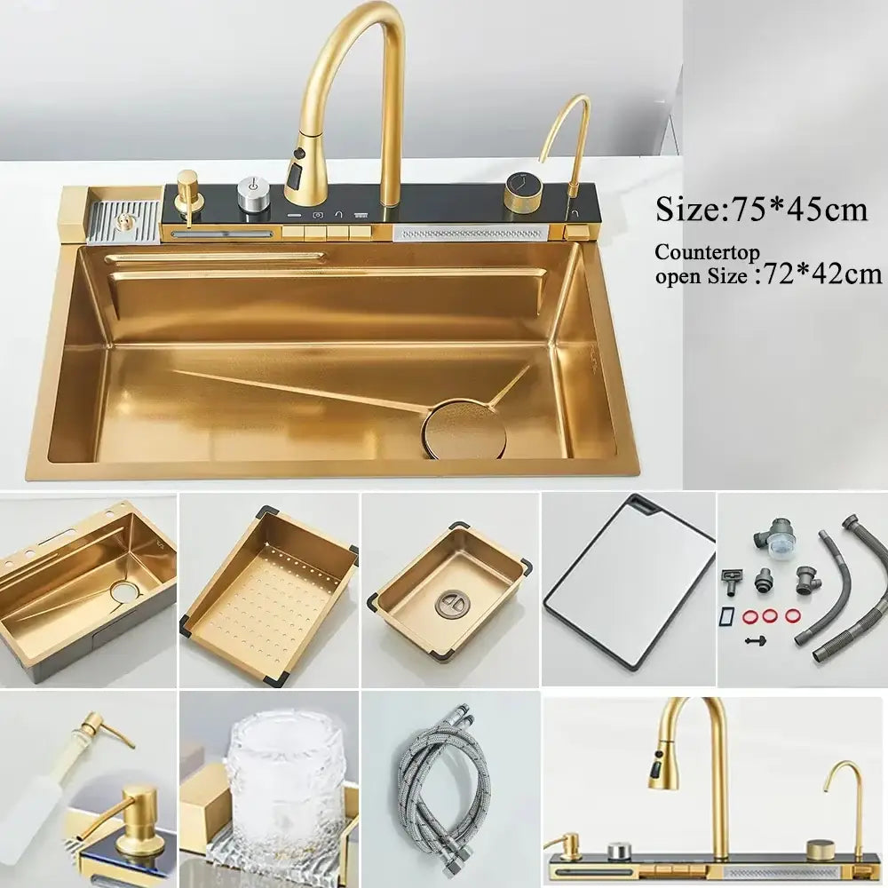 Modern gold-toned stainless steel waterfall kitchen sink with sleek design and integrated digital display faucet