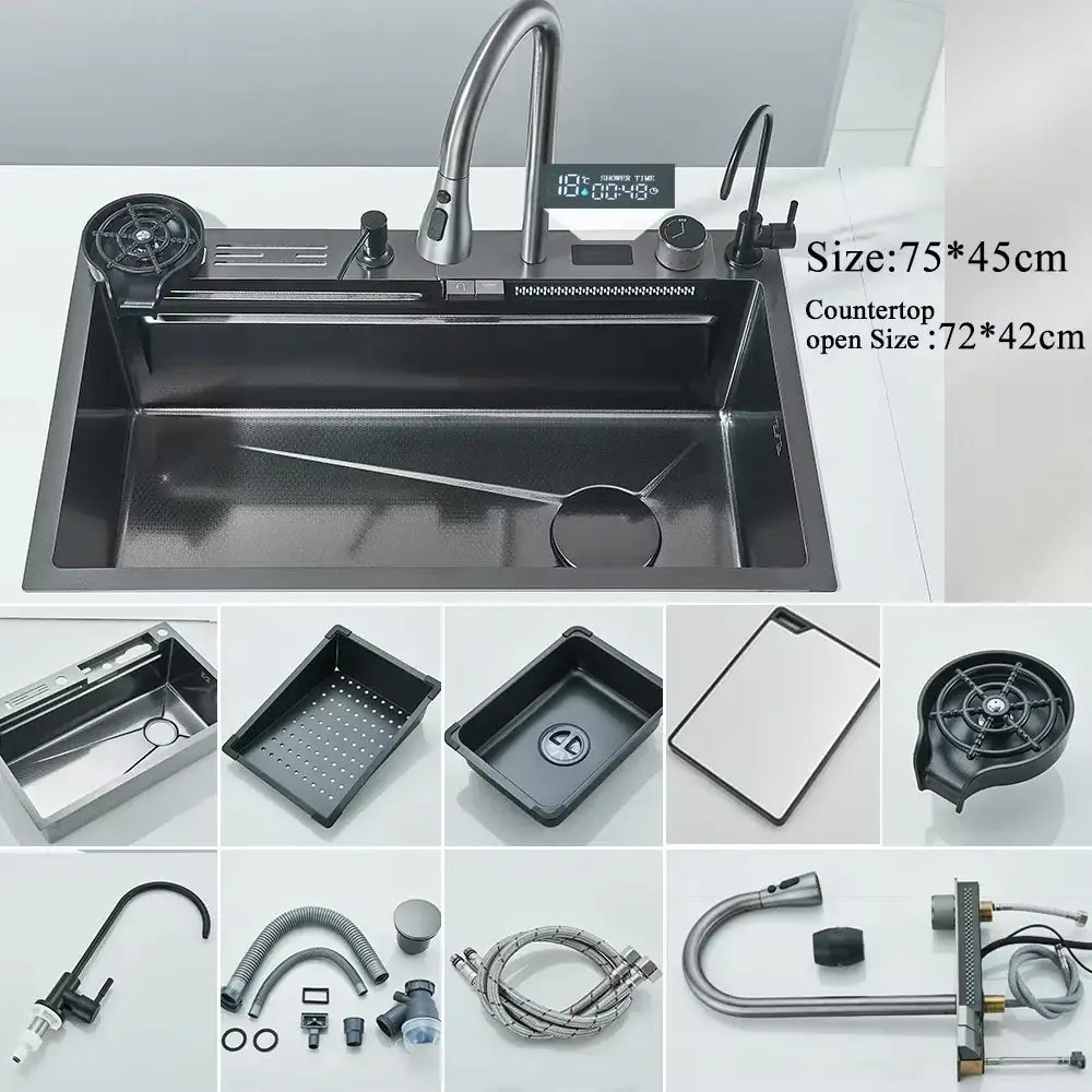 Black stainless steel kitchen sink with integrated digital timer faucet and multiple accessories in modern design