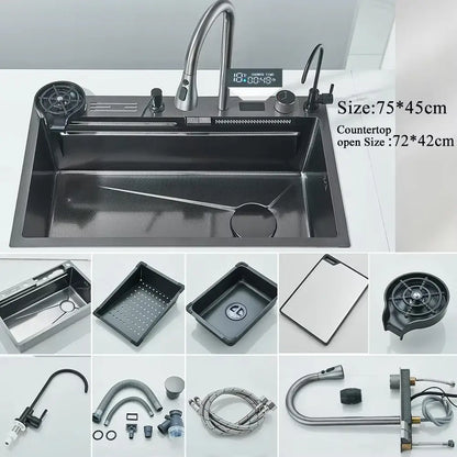 Black stainless steel kitchen sink with integrated digital timer faucet and multiple accessories in modern design