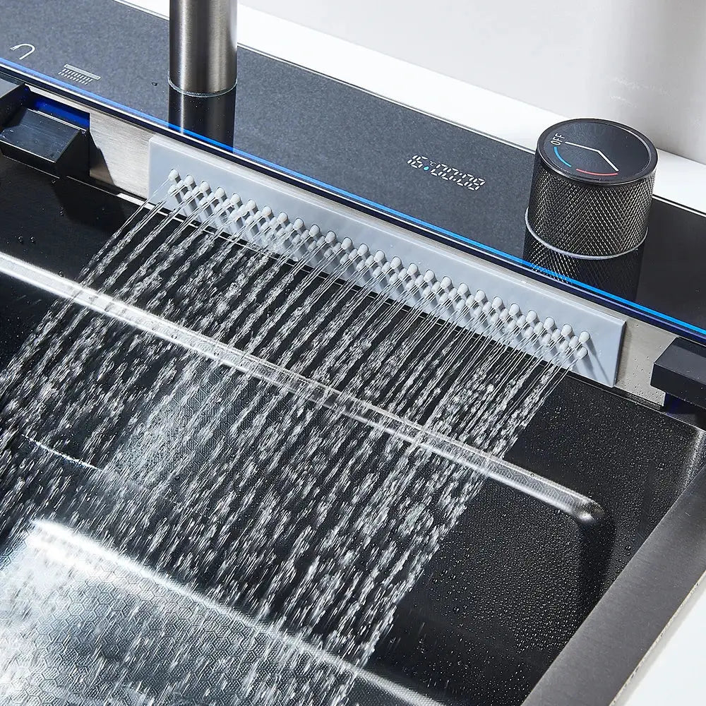 Modern stainless steel waterfall kitchen sink in black and silver with sleek integrated faucet and digital display