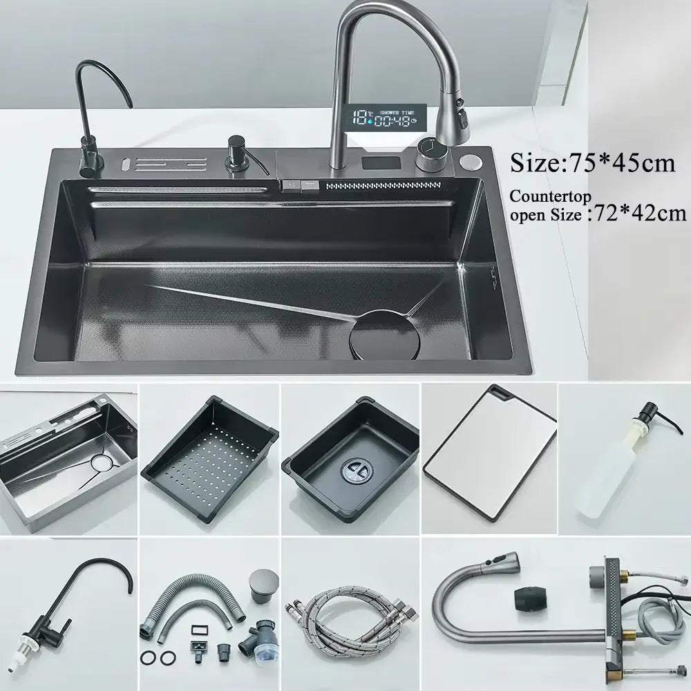 Modern stainless steel waterfall kitchen sink with black finish, digital display, and gooseneck faucet for kitchens